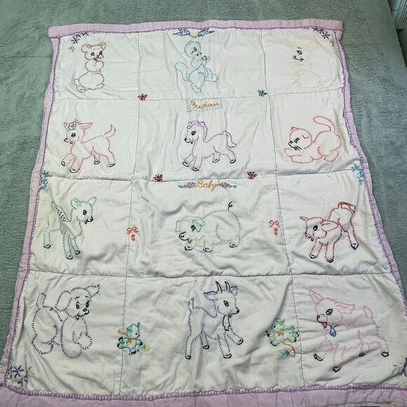 Vintage Baby Quilt Hand Embroidered Animals Pastel Crib Blanket Handmade 36x30 - Picture 8 of 16